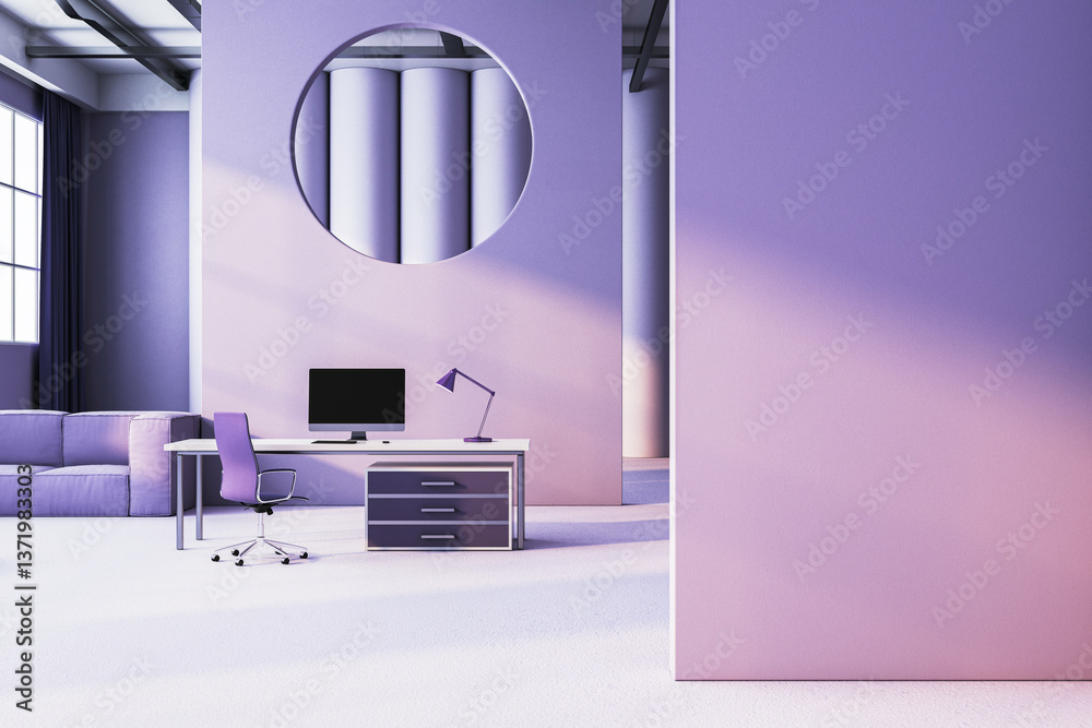 Poster Modern minimalist office interior with sleek desk, computer, and chair in a spacious open workspace. Soft lighting and elegant design elements. 3D Rendering