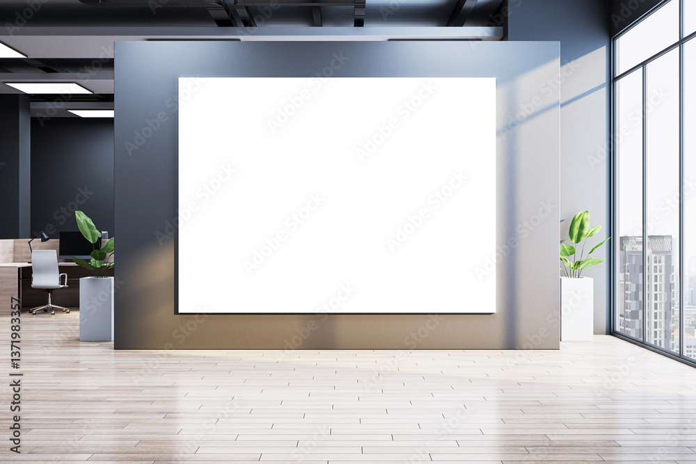 Poster empty white poster frame mockup in modern office interior with wooden floor and large windows overlo