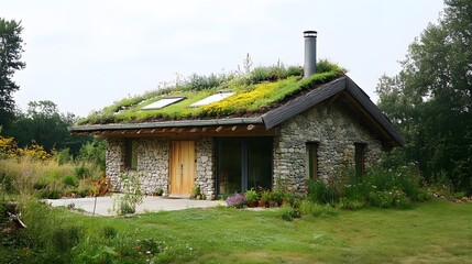 Obraz premium 22. A rustic garden house with a green living roof, blending into the landscape