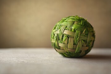 A green spherical object crafted from woven natural materials