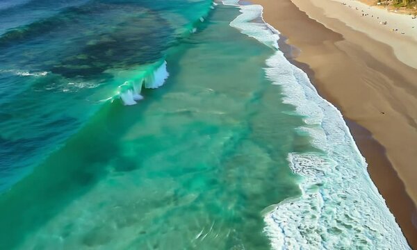 Aerial view of wave on the beach with sand and turquoise waves