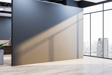 Blank wall in modern office interior with large windows and city view, ideal for poster, frame, or...