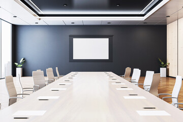 Modern corporate conference room with long wooden table, blank screen on dark wall, and comfortable white chairs arranged for meeting setup. 3D Rendering