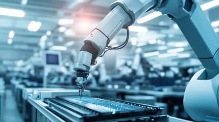 Robotic arm packaging electronic devices in a modern factory, clean, organized factory with robotic arms packaging electronics