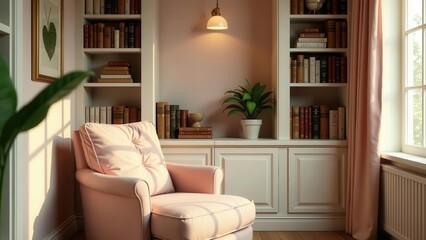 Serene Reading Nook with Soft Pink Armchair and Built-in Bookshelves Basking in Warm Sunlight
