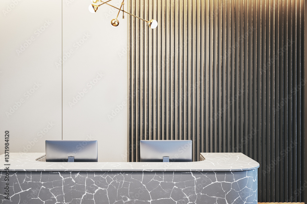 Poster Modern reception desk in office lobby with marble counter and minimalist design. 3D Rendering