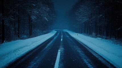 Obraz premium Snowy road winding through a dark forest, lit by dim light, creating a cold, mysterious atmosphere