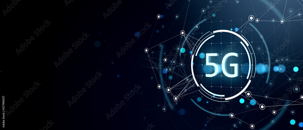 Poster Futuristic 5G network digital design with glowing blue neon elements on a dark background. Innovative cyber technology and data connectivity concept. 3D Rendering