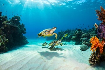 Fototapeta premium A group of turtles swimming over a coral reef