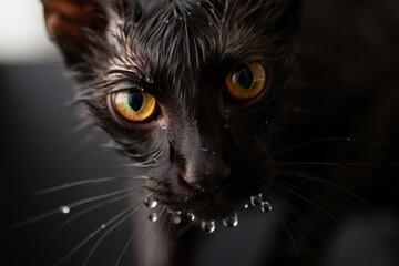 A black cat with water droplets on its face