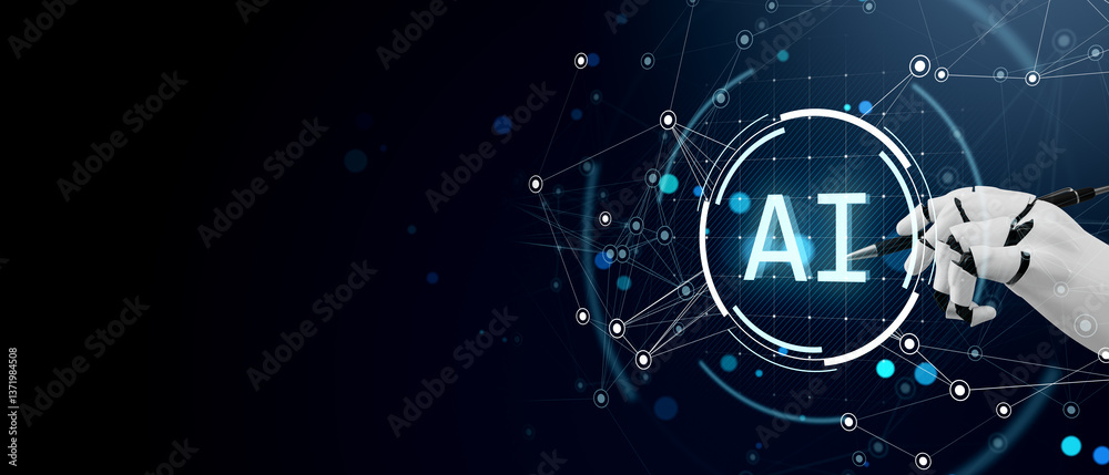 Aufkleber Futuristic AI concept with robotic hand drawing AI text in glowing digital network on dark blue background. 3D Rendering