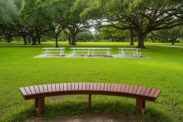 Fototapeta premium A park bench sitting in the middle of a lush green field