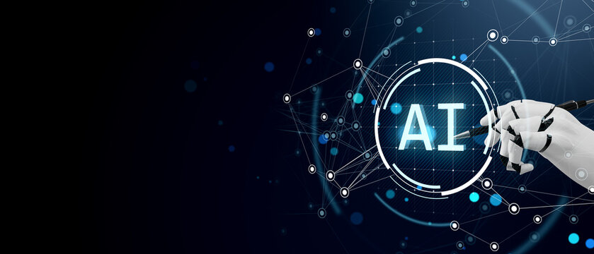 Futuristic AI concept with robotic hand drawing AI text in glowing digital network on dark blue background. 3D Rendering