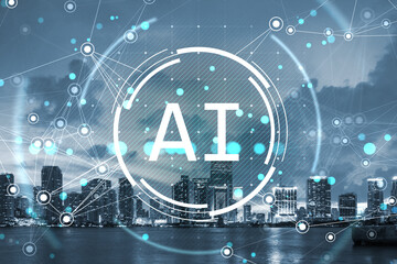 AI technology concept with digital network connections over city skyline at night.