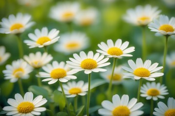 Fototapeta premium A field of white daisies with yellow centers in a field