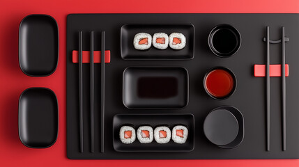 Fototapeta premium Sushi set on slate plates with soy sauce and chopsticks, showcasing minimalist elegance and culinary artistry.