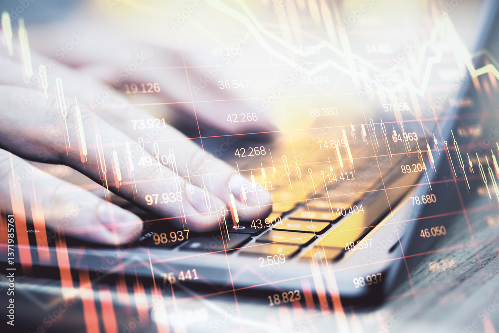 Poster hands typing on laptop keyboard with financial data charts overlay on bright background, symbolizing
