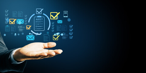 Businessperson hand showing audit checklist and digital checkmark icons on abstract virtual interface background in blue light concept.