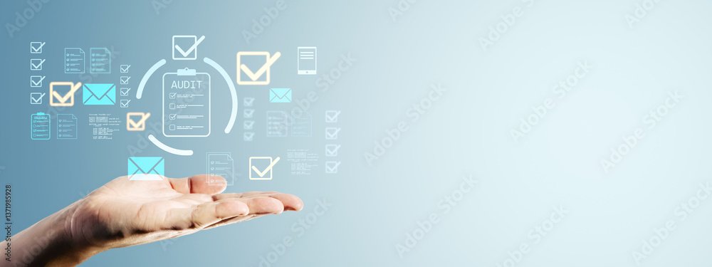 Aufkleber Businessperson hand showing digital audit interface with checkmarks and document icons on light background, symbolizing validation and approval.