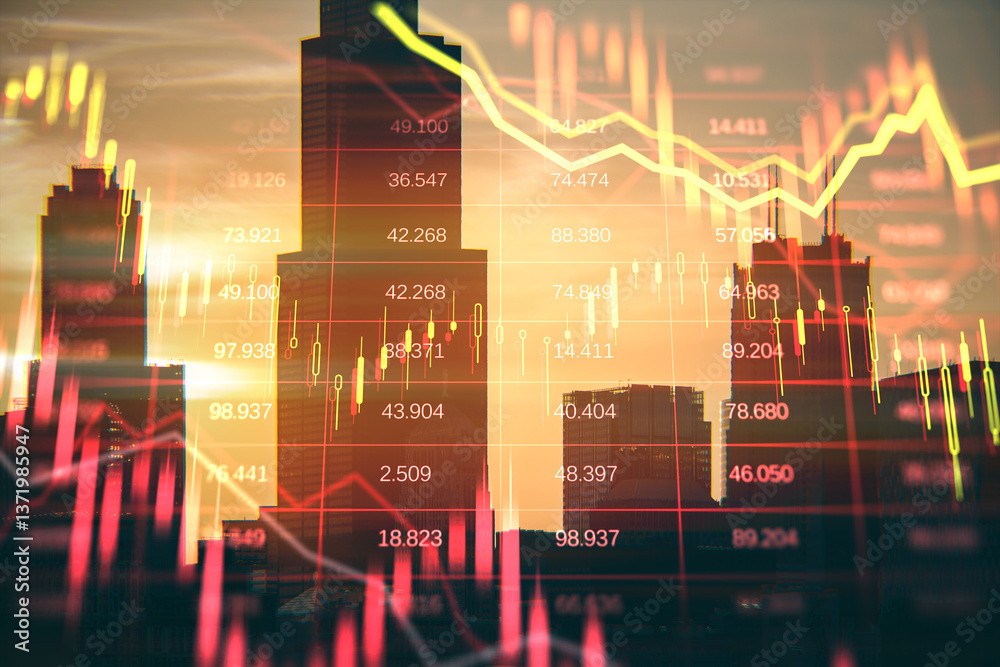 Poster financial chart with red downward graphs and candlestick patterns over city skyline showing real est