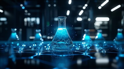 Chemicals Laboratory Environmental. Futuristic laboratory with glowing blue elements and beakers.