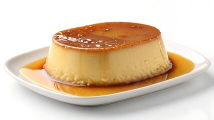The image presents a single serving of flan