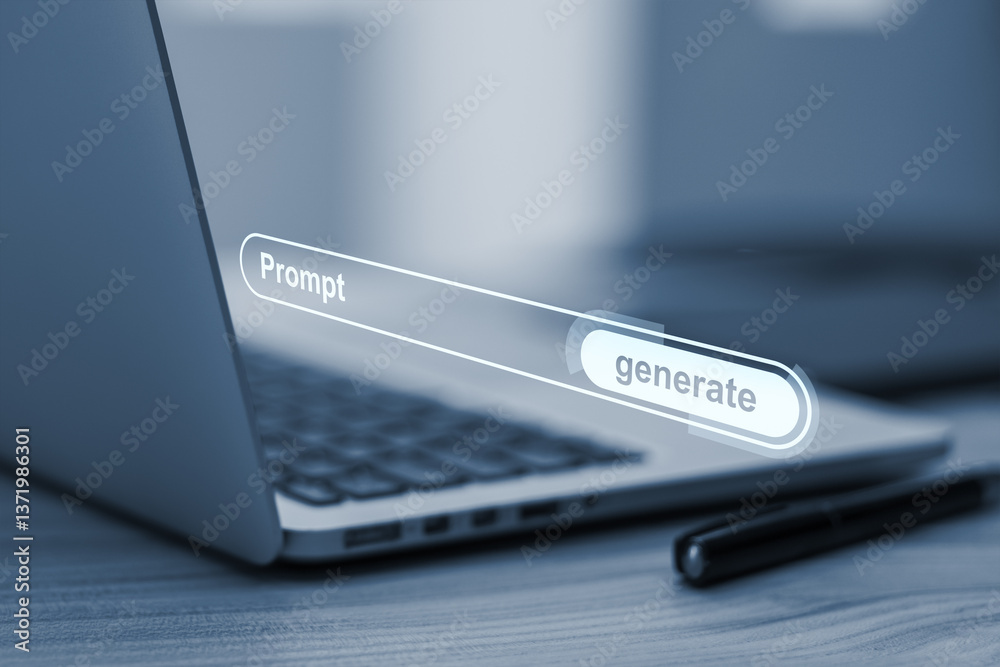 Aufkleber Prompt and generate interface concept on laptop screen in modern business workspace with light background, symbolizing AI and digital innovation.