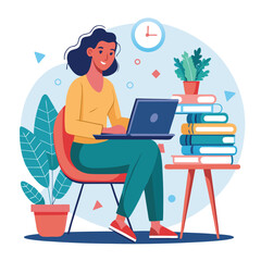 a woman is using his laptop sitting on a chair looking in the laptop  colourful vector on a white background