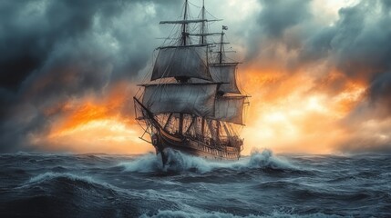 Obraz premium Old Wooden Pirate Ship Battling Stormy Seas Beneath a Dramatic Sky