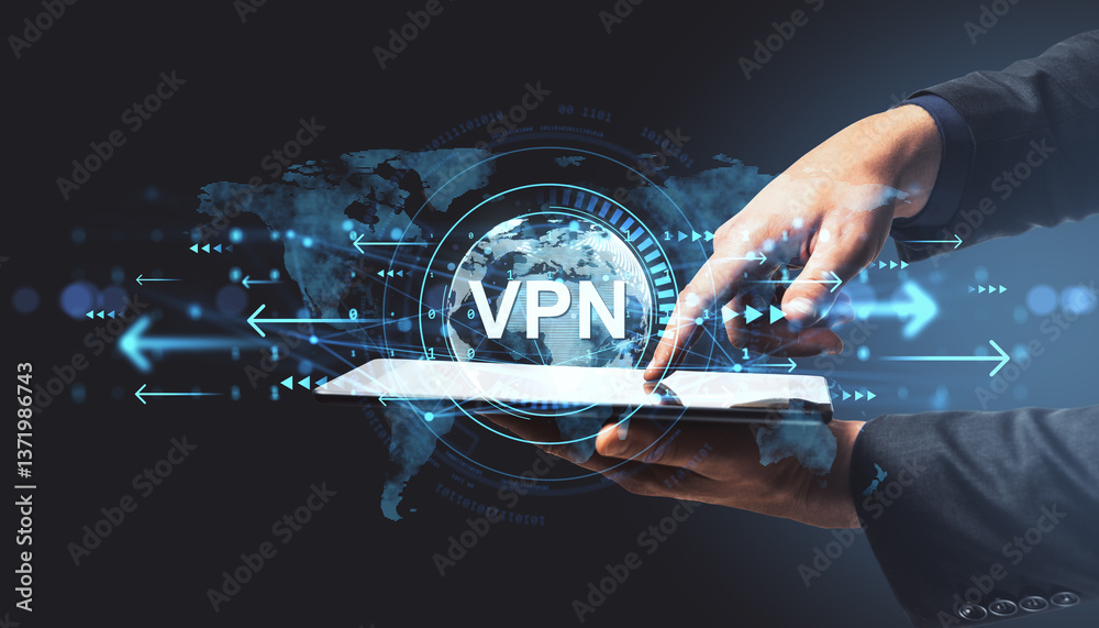 Poster Businessperson using digital tablet with VPN interface and global data flow concept on dark background with light effects and abstract elements.