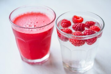 A glass of water and a glass of raspberry juice