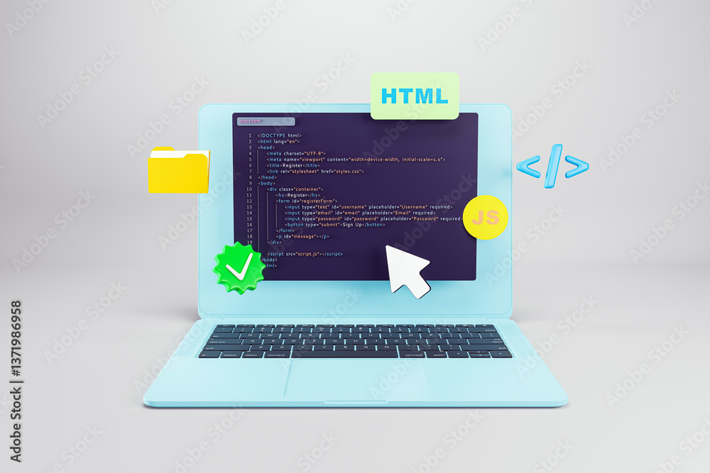 Leinwandbilder Coding interface on laptop screen with HTML and JavaScript elements, showcasing web development and software infrastructure learning concept. 3D Rendering