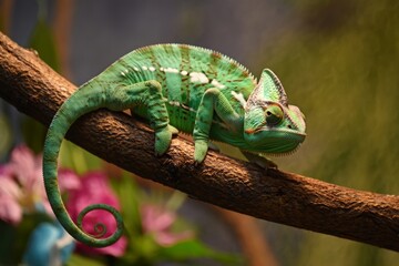 Fototapeta premium A green chameleon sitting on a branch with flowers in the background