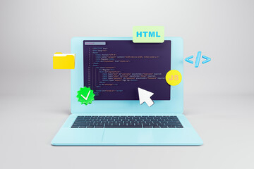 Coding interface on laptop screen with HTML and JavaScript elements, showcasing web development and...