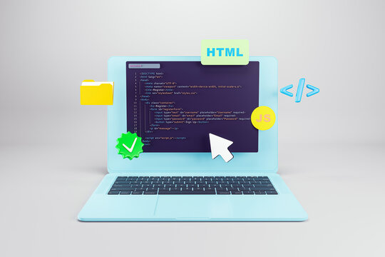 Coding interface on laptop screen with HTML and JavaScript elements, showcasing web development and software infrastructure learning concept. 3D Rendering