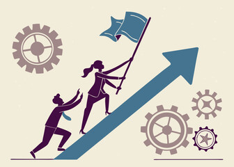 Minimalist illustration, two figures assembling a circular puzzle, blue and red puzzle pieces, white background, flat design, teamwork concept, problem-solving metaphor, simple line art, business coll