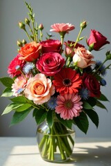 A vibrant bouquet of multicolored roses and gerbera daisies arranged in a clear glass vase, illuminated by soft sunlight, a delightful floral arrangement for any occasion.