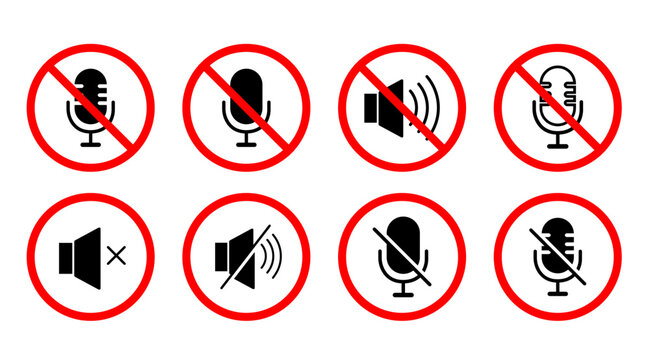 Isolated No sound signal sign, Warning sign, Quite and Silence area Red Pictogram vector design collection, Information sign graphic elements for Comminication (Editable)
