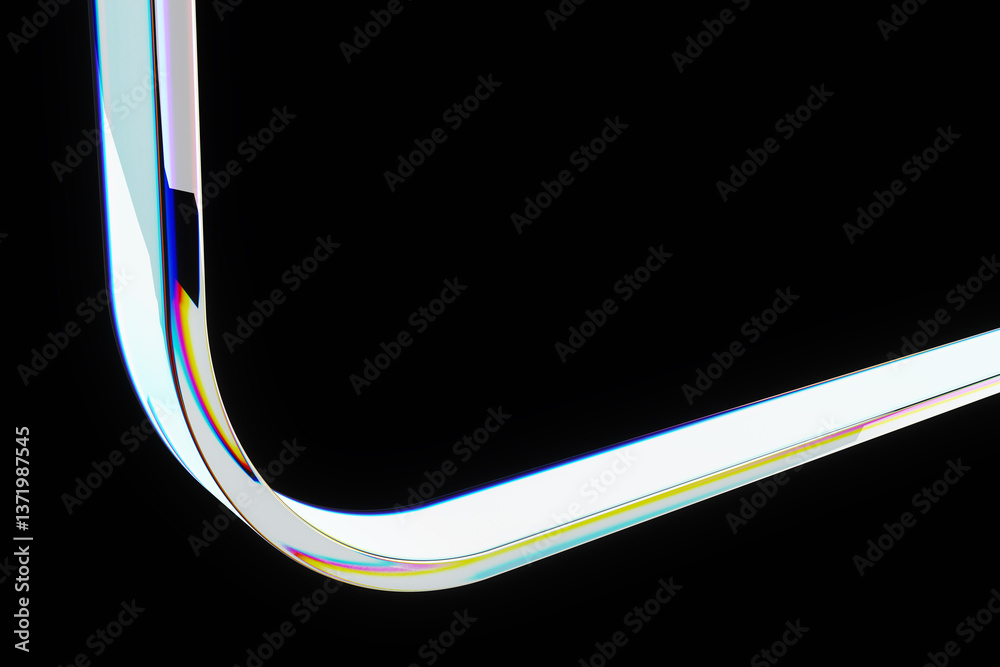 Poster curved transparent glass edge reflecting light spectrum on a black background, showcasing minimalist