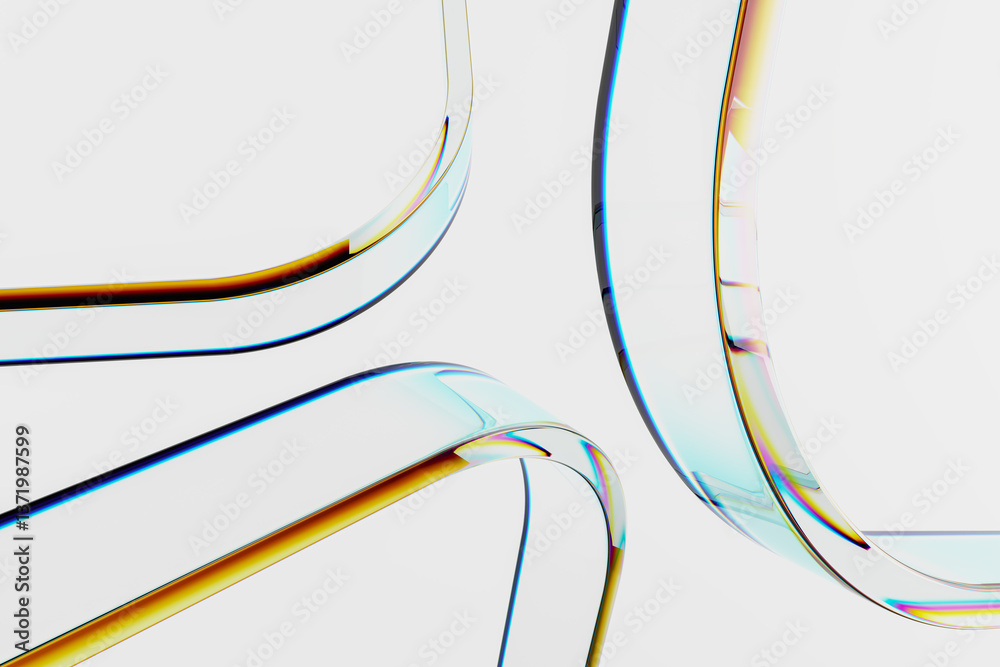 Poster Abstract curved glass structures with iridescent reflections on light background, modern transparent design concept for futuristic art visuals. 3D Rendering