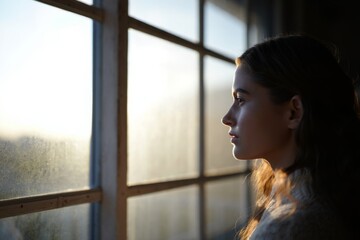 A woman looking out of a window at the sunset