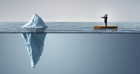 Businessman on a boat looking at an iceberg with binoculars, symbolizing hidden risks and strategic...