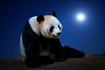 Obraz premium A panda bear sitting on top of a rock under a full moon