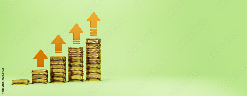 Aufkleber stacked gold coins with upward arrows showing financial growth. 3d rendering