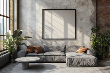 Modern living room interior with gray couch and blank frame