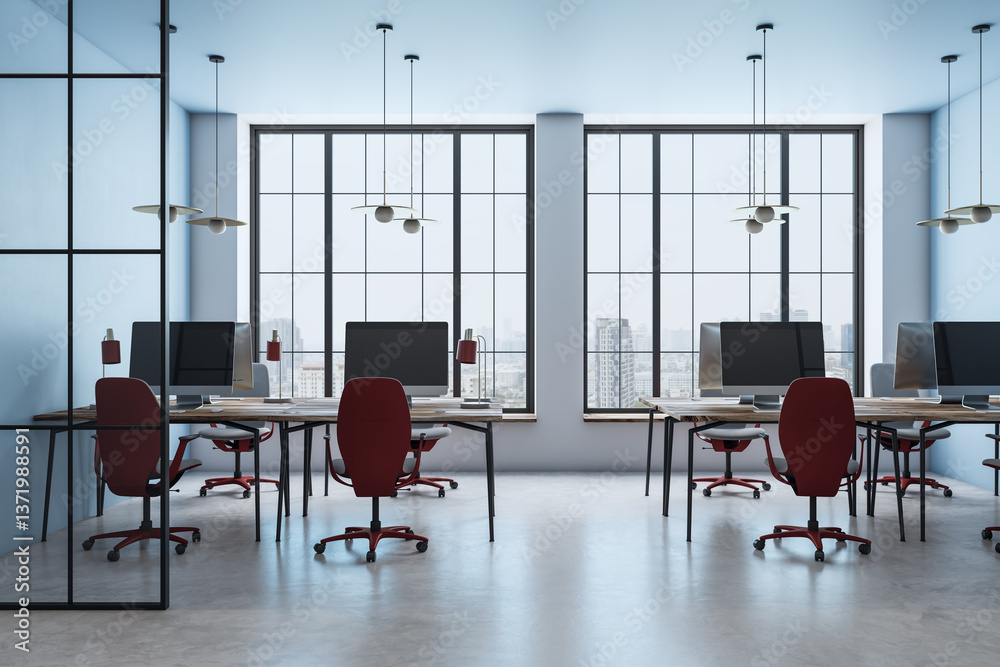 Poster modern office interior with large windows and city view. 3d rendering