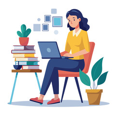 a woman is using his laptop sitting on a chair looking in the laptop  colourful vector on a white background