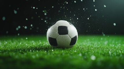 Fototapeta premium Soccer ball on wet grass field
