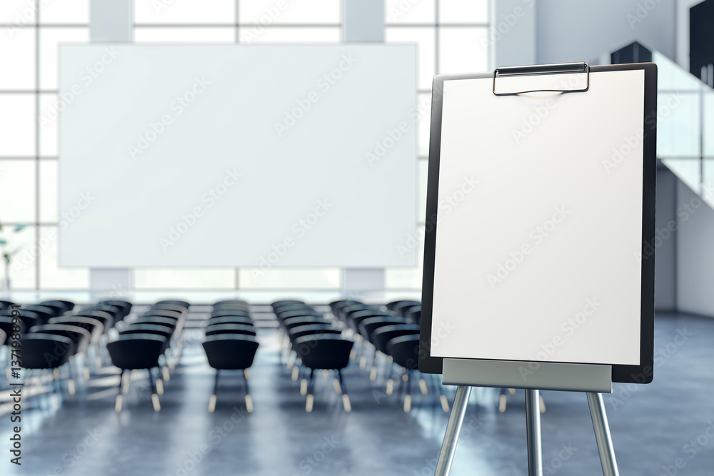 Poster blank flipchart stand in modern conference hall. 3d rendering