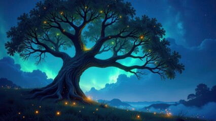 Enchanted Night Scene A Majestic Ancient Tree Illuminated by Glowing Lights Under a Starry Sky